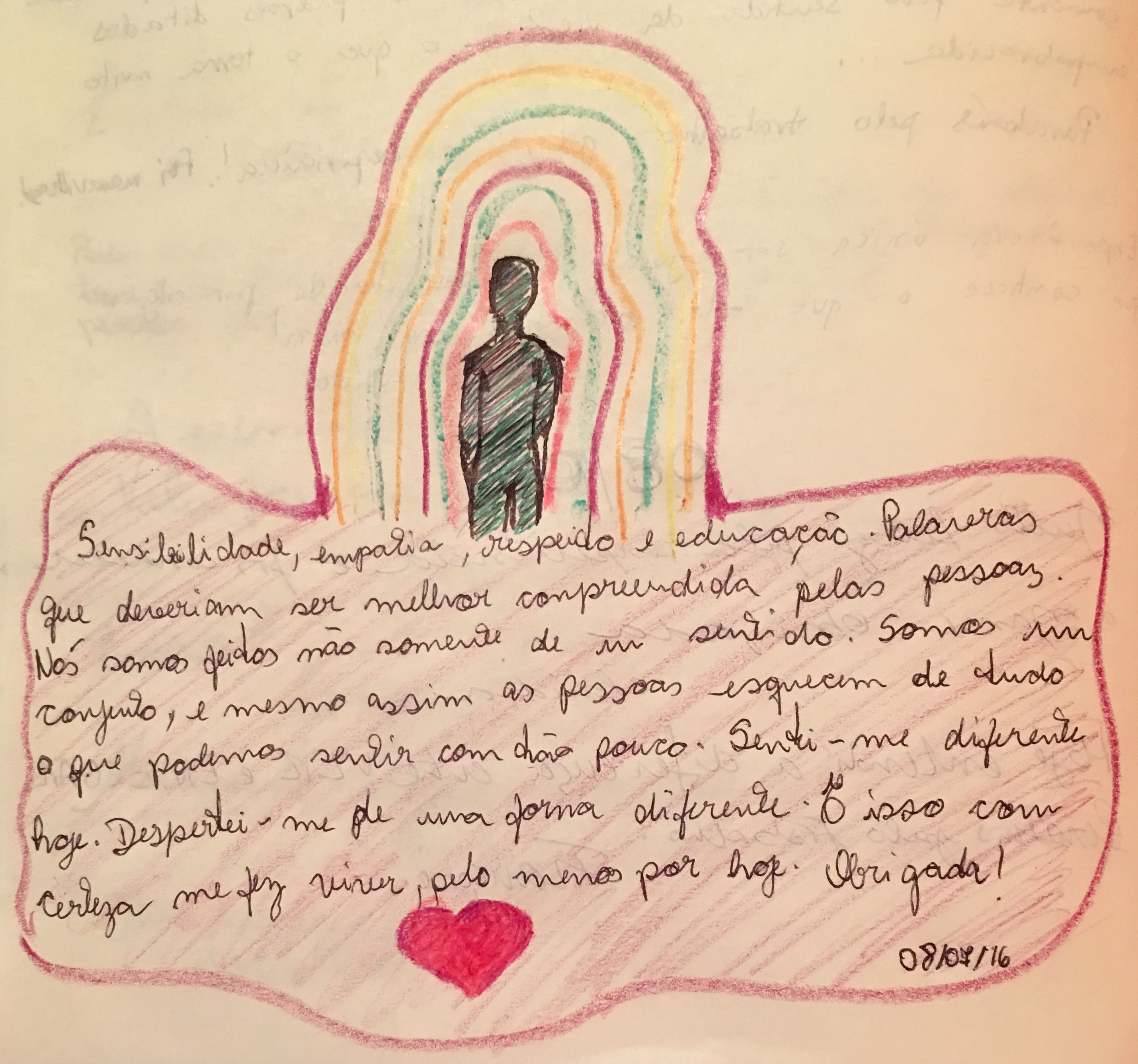 Livro de comentários da Exposição: (1) "Sensibilidade, empatia, respeito e educação. Palavras que deveriam ser melhor compreendidas pelas pessoas. Nós somos feitos não somente de um sentido. Somos um conjunto, e mesmo assim as pessoas esquecem de tudo o que podemos sentir com tão pouco. Senti-me diferente hoje. Despertei-me de uma forma diferente. E isso com certeza me fez viver, pelo menos por hoje. Obrigada! 08/07/2016" (com belo desenho colorido de uma pessoa radiante e um coração).